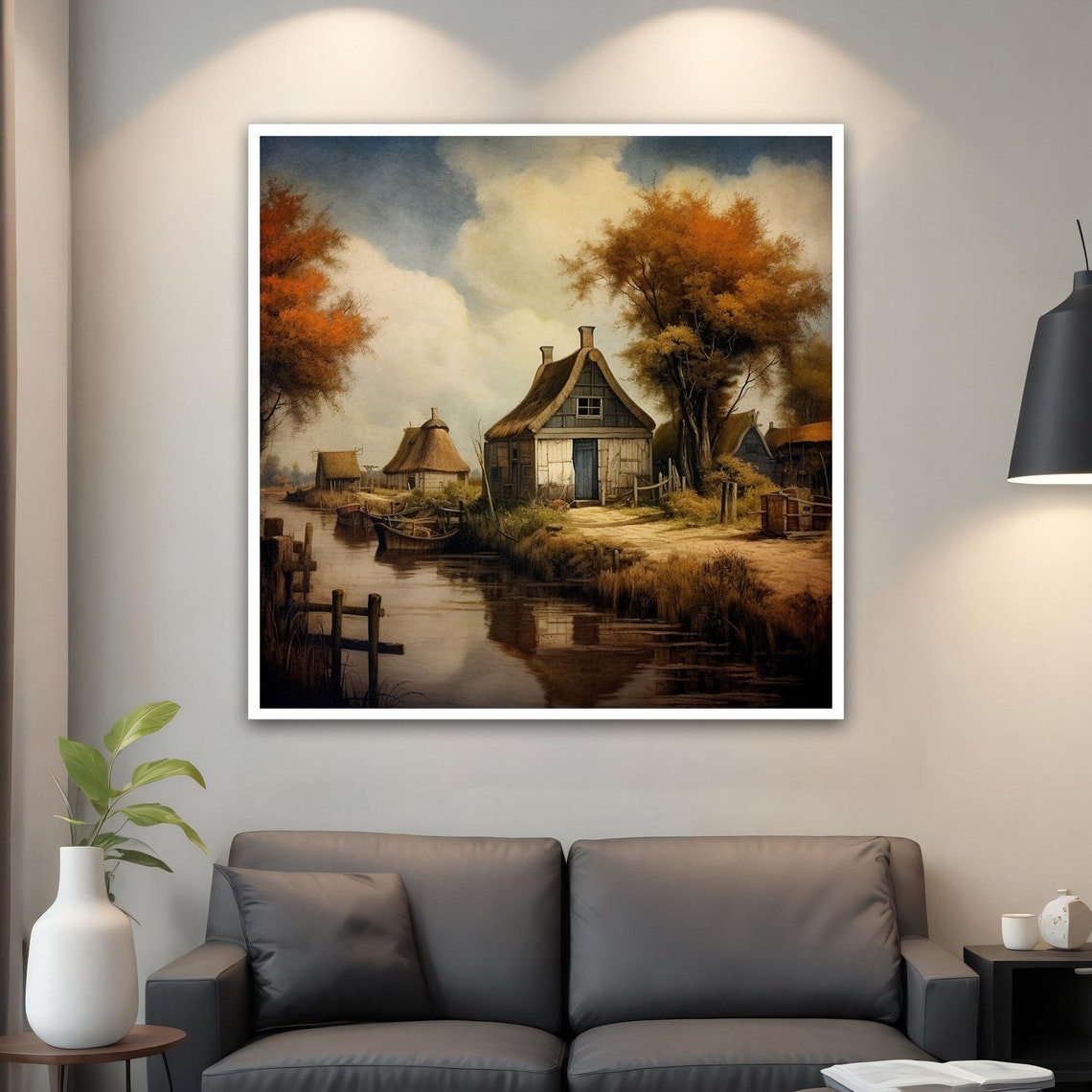 Autumn Village River Thatched Cottages Old Town Fall Art Poster - Image 5
