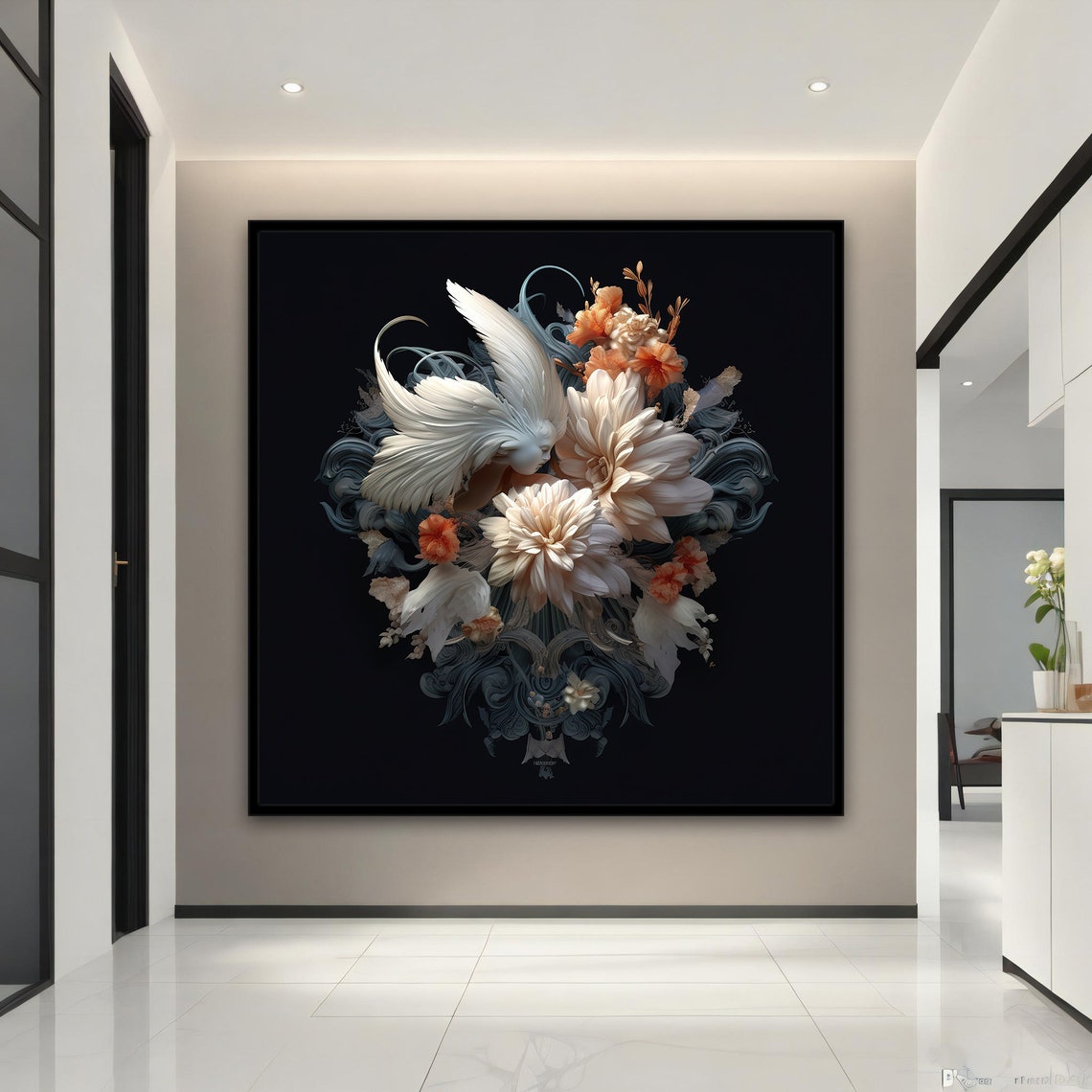 White Flowers White Bird Black Background Ornate Baroque Art Poster