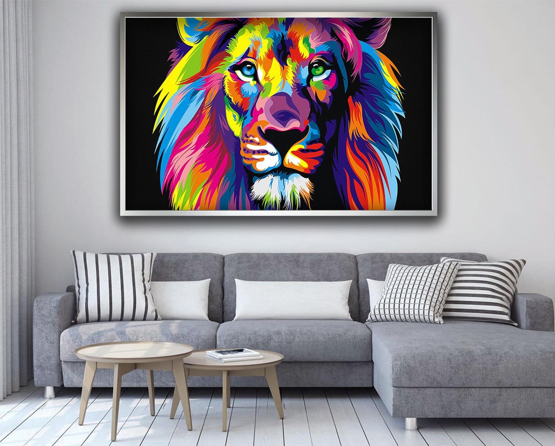 Rainbow Pop Art Lion Head Colorful Mane Bold Black Canvas Poster - Image 4