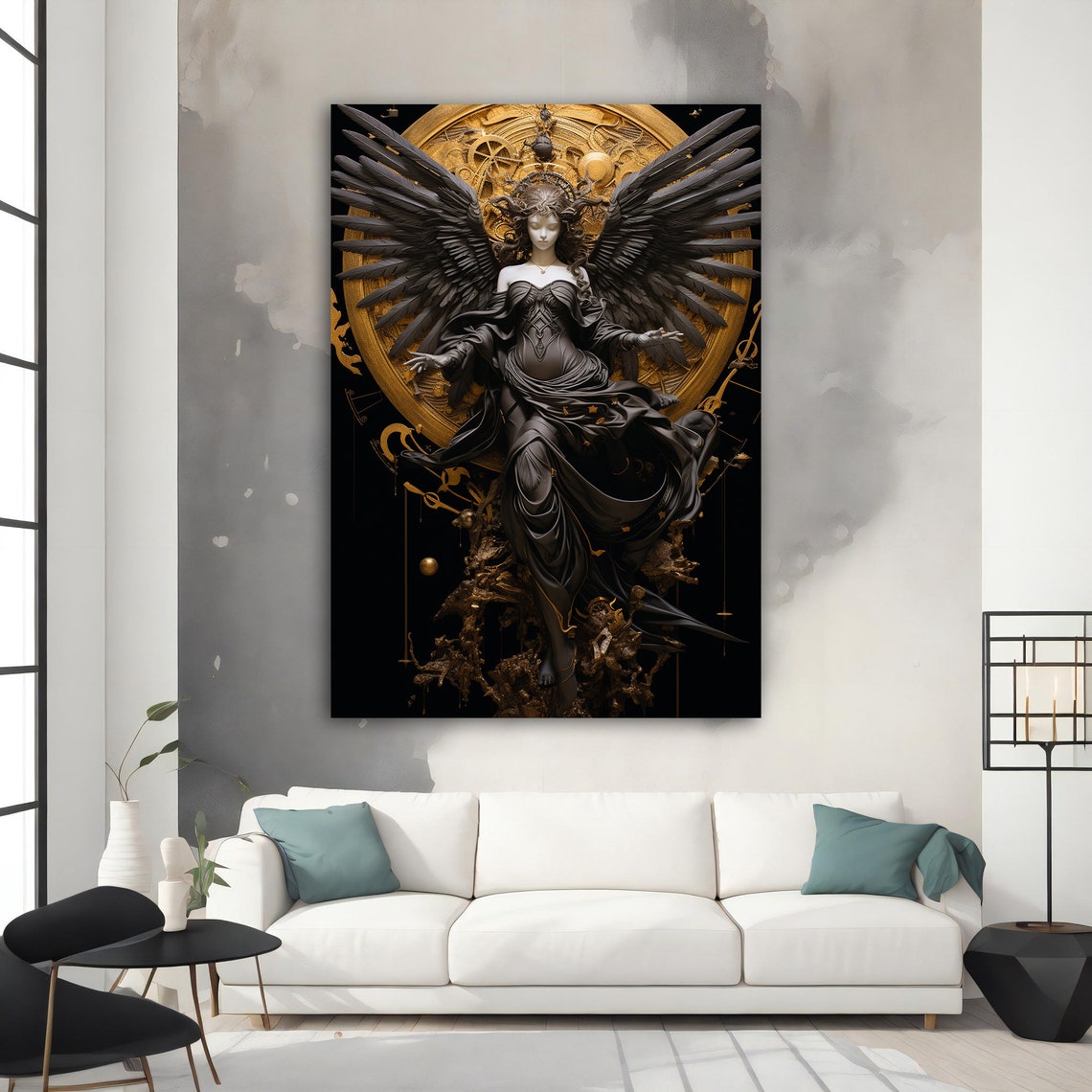 Black Angel with Golden Halo Wings Gothic Fantasy Art Poster - Image 2