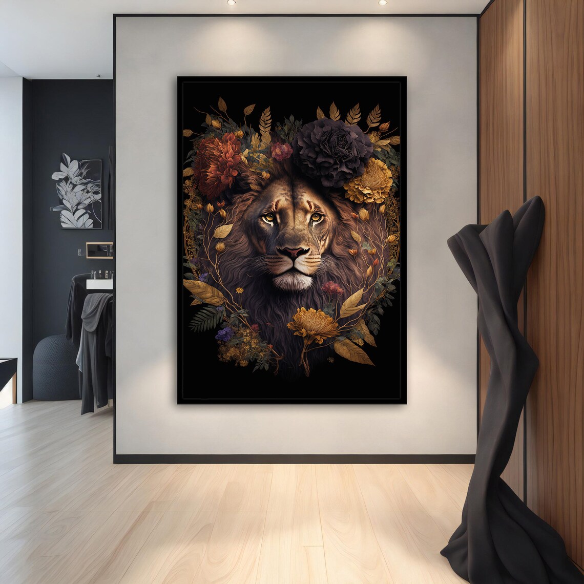 Lion Face Autumn Flowers Dark Botanical Elegant Animal Art Poster - Image 3