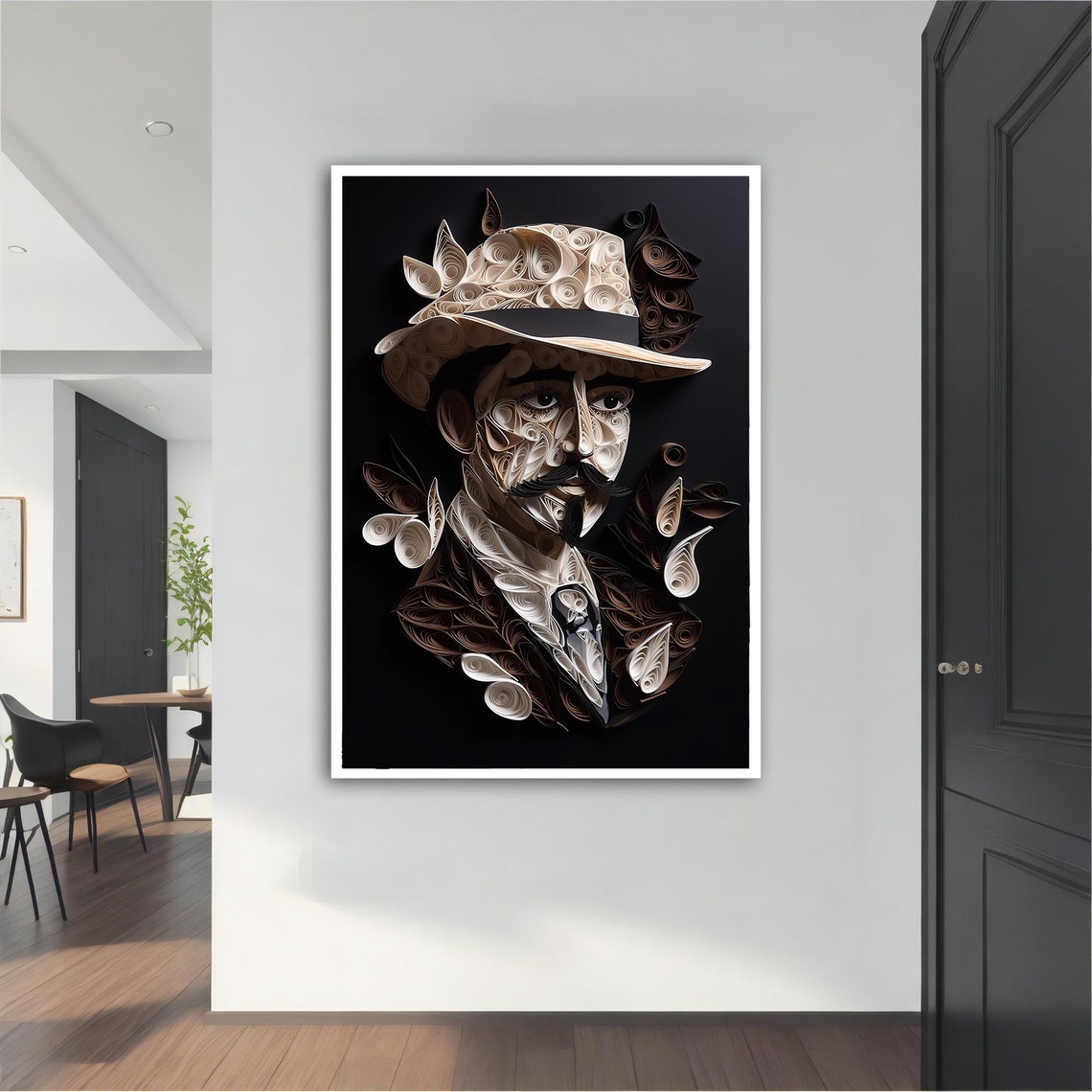 Quilling Paper Art Gentleman Hat Mustache Black White Portrait Print