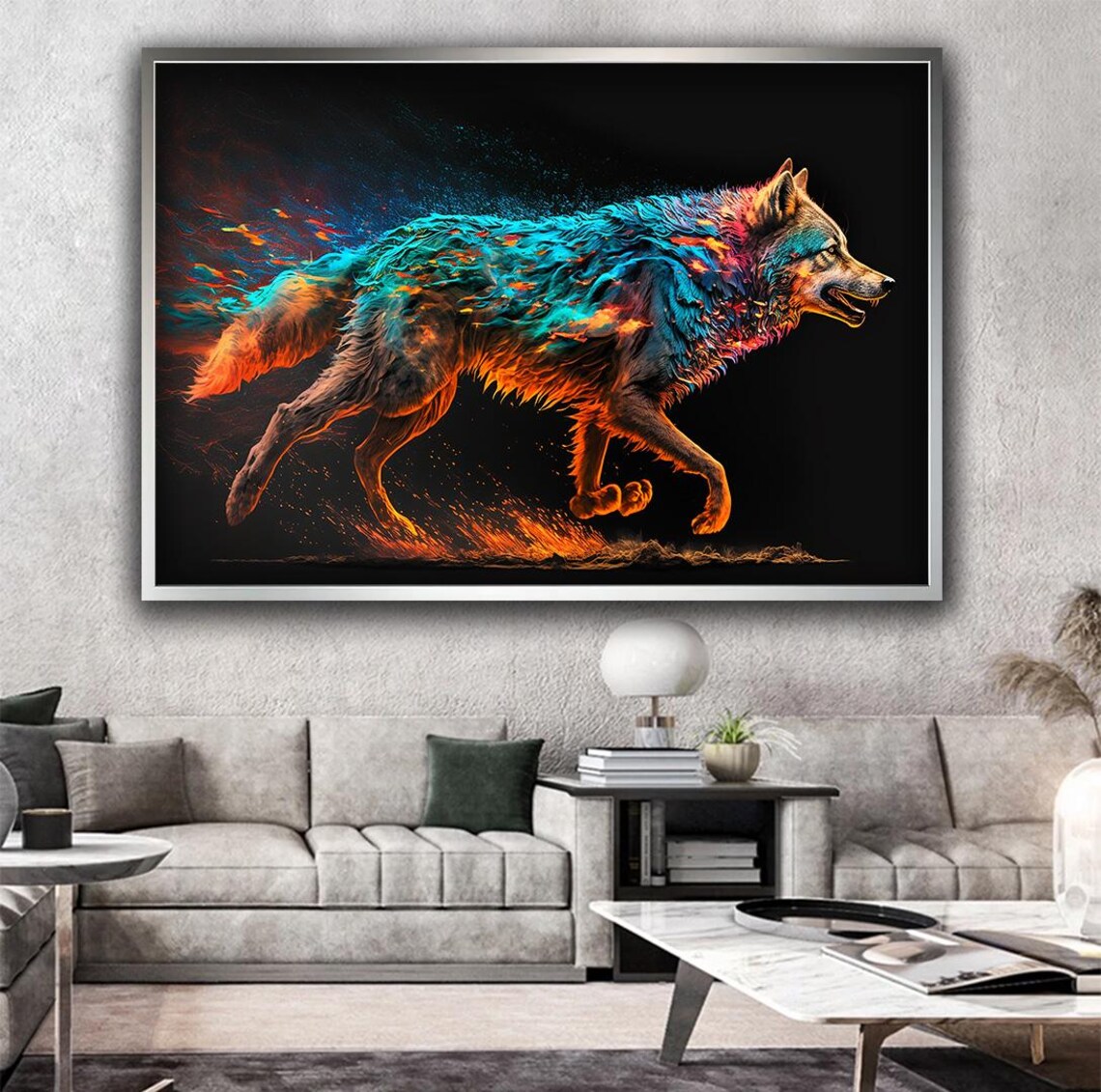 Running Wolf Fire Water Elemental Teal Orange Wildlife Fantasy Art Poster - Image 5