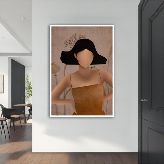 Faceless Woman Rust Dress Botanical Minimalist Beige Portrait Wall Art