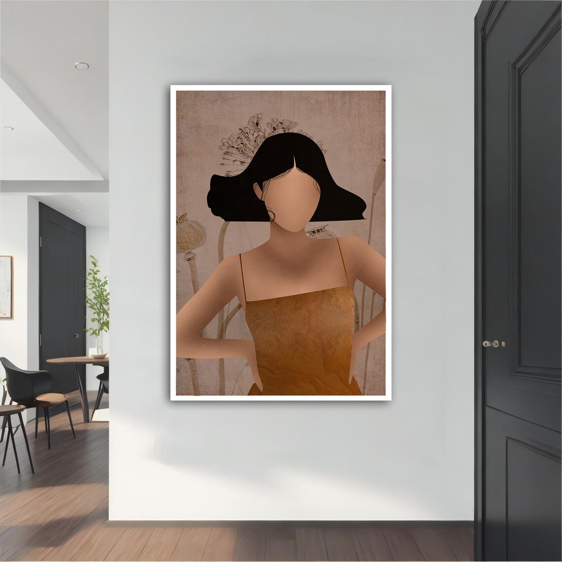 Faceless Woman Rust Dress Botanical Minimalist Beige Portrait Wall Art
