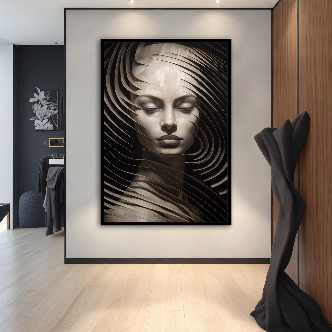 Surreal Monochrome Woman Face Ribbon Swirl Modern Art Poster - Image 2