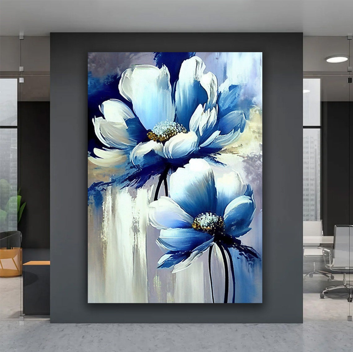 Blue White Anemone Flowers Impasto Bold Botanical Floral Poster