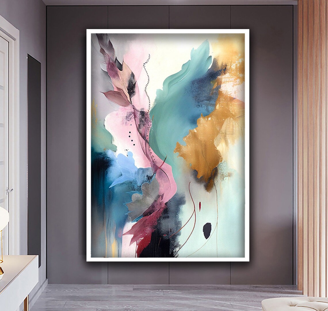 Colorful Abstract Leaves Watercolor Pink Teal Gold Wall Art Poster