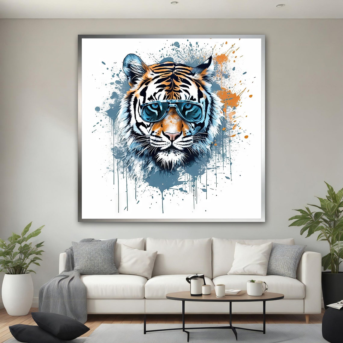 Cool Tiger Sunglasses Paint Splash White Fun Animal Office Poster - Image 3