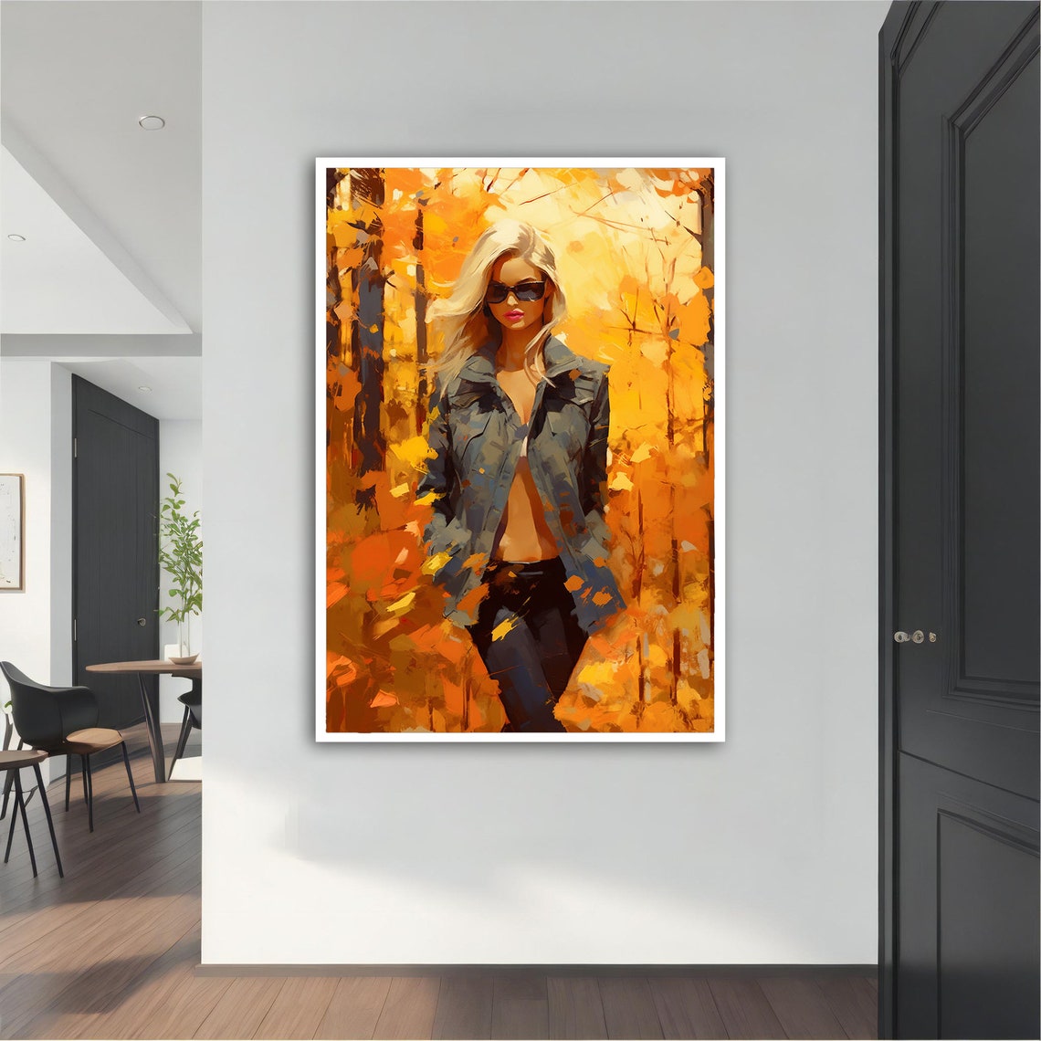 Blonde Woman in Golden Autumn Forest Sunglasses Orange Art Poster