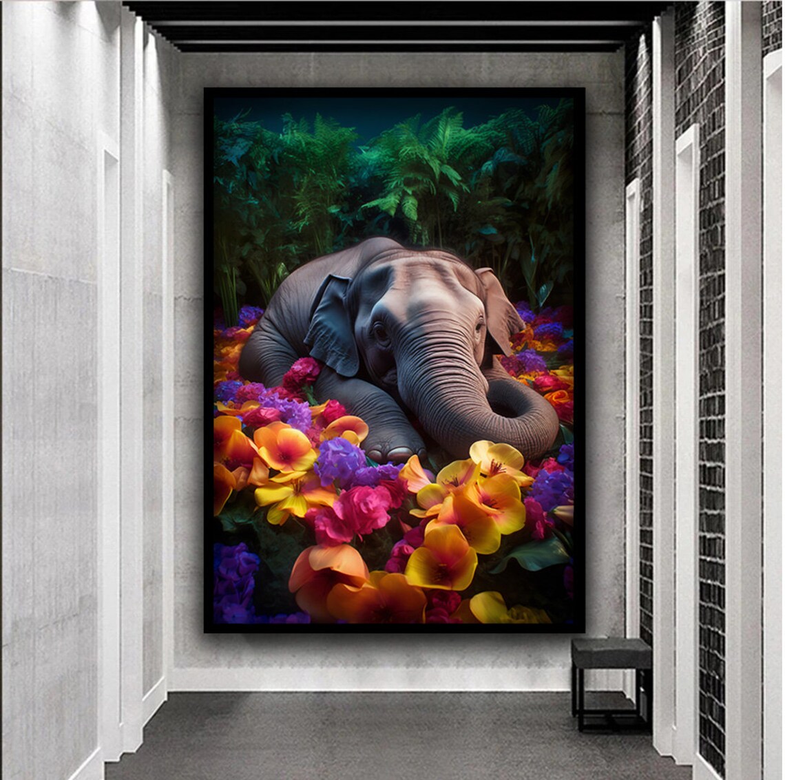 Baby Elephant Among Colorful Flowers Jungle Botanical Nursery Art Poster