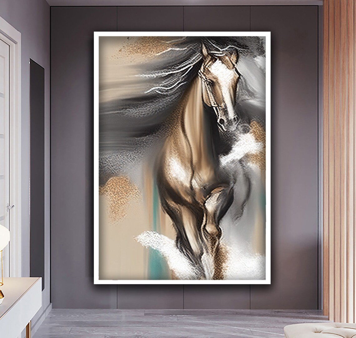 Golden Running Horse Abstract Wild Mane Equine Wall Art Poster - Image 3