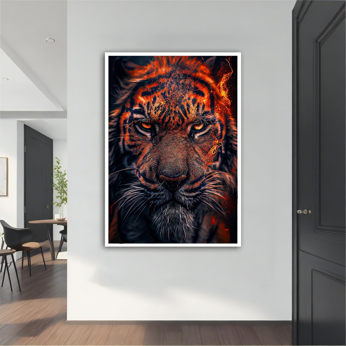 Fiery Tiger Face Close Up with Blazing Orange Eyes Dark Art Poster - Image 5