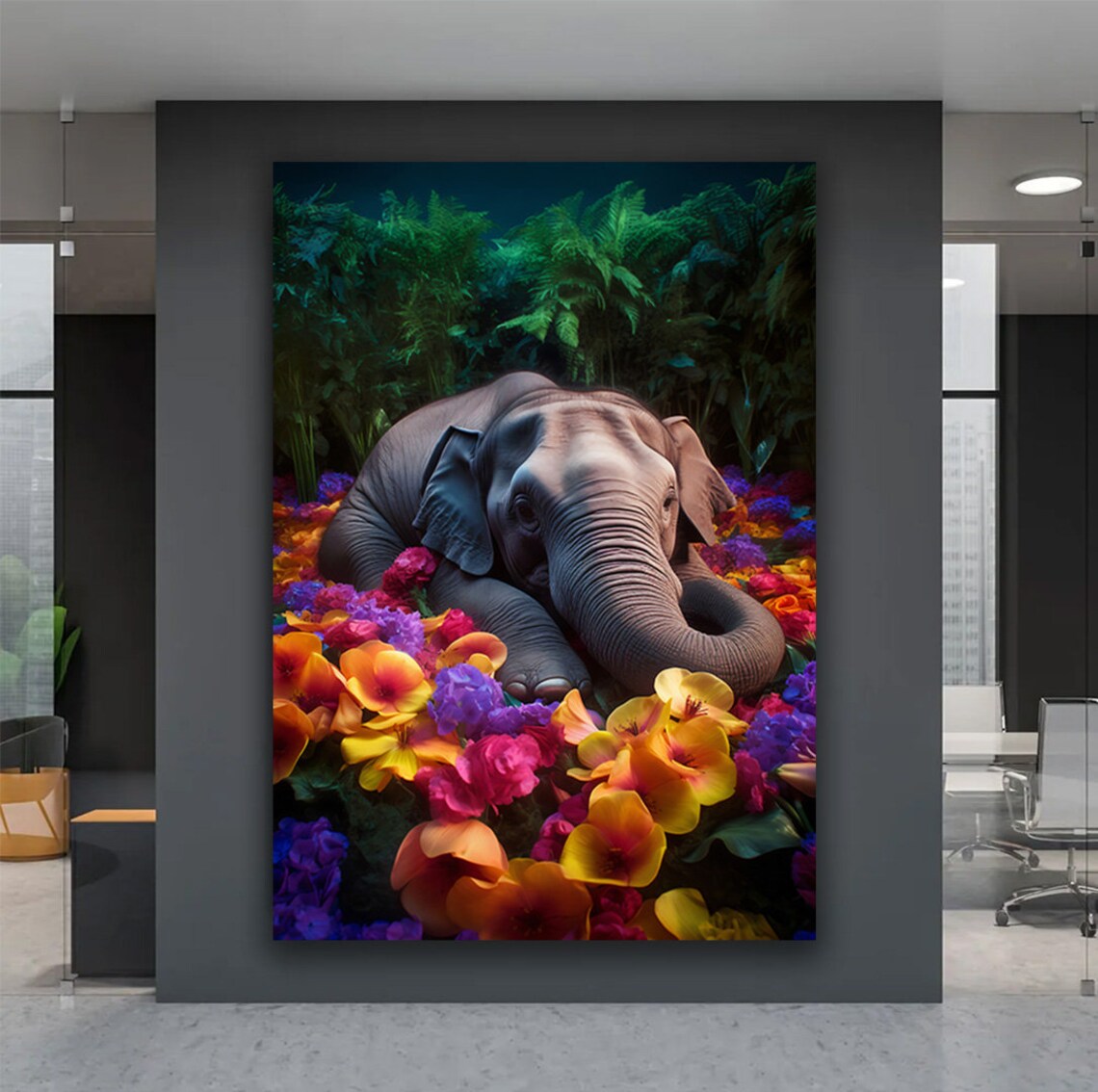 Baby Elephant Among Colorful Flowers Jungle Botanical Nursery Art Poster - Image 2