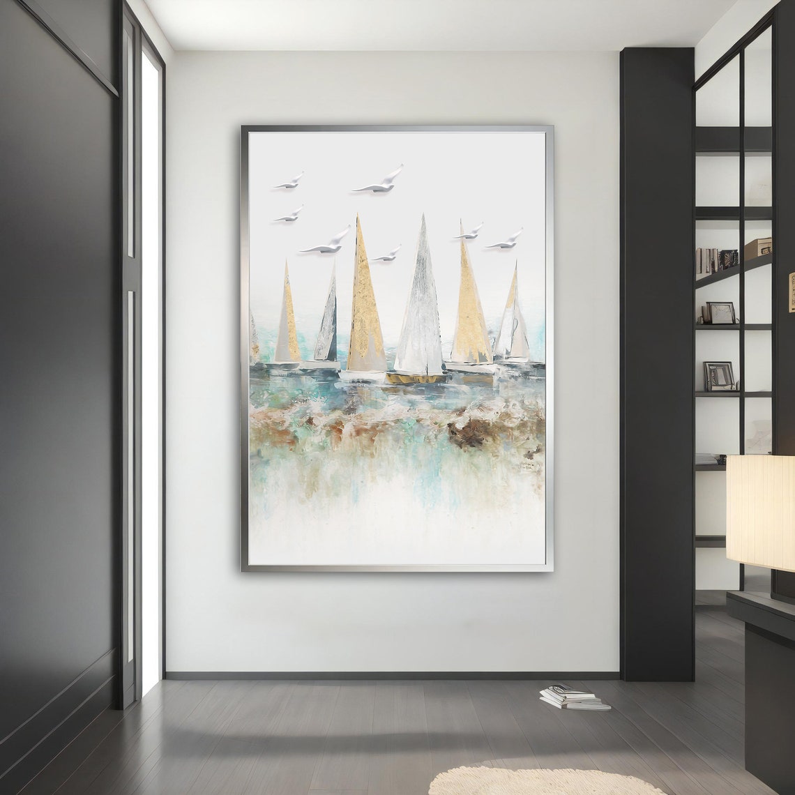 Minimalist Sailboats Gold Leaf Sails Seagulls Coastal Wall Art Print - Image 3