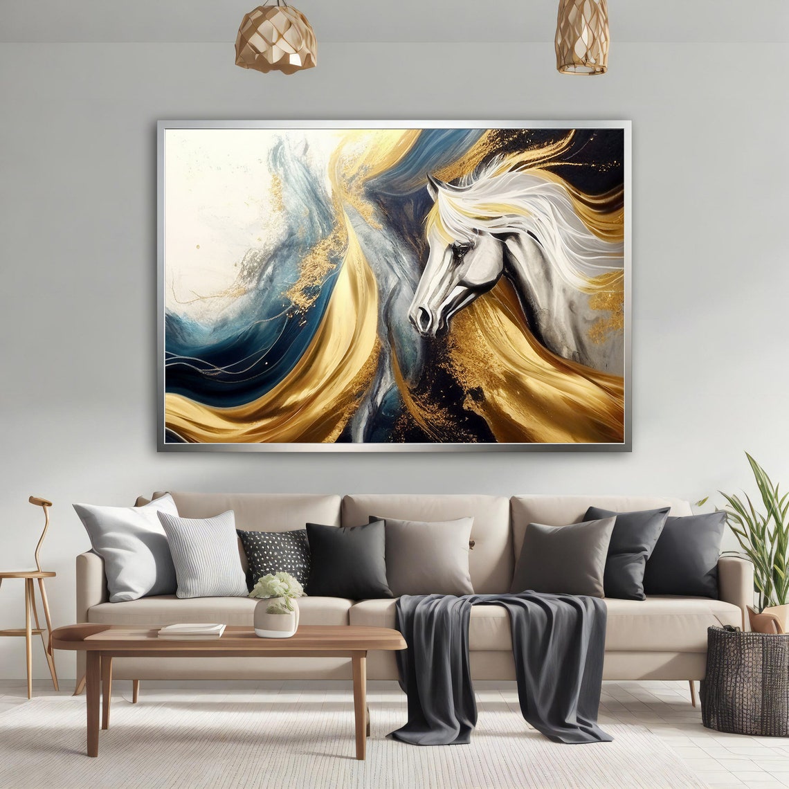 White Horse Head Gold Navy Abstract Swirls Elegant Animal Poster - Image 3