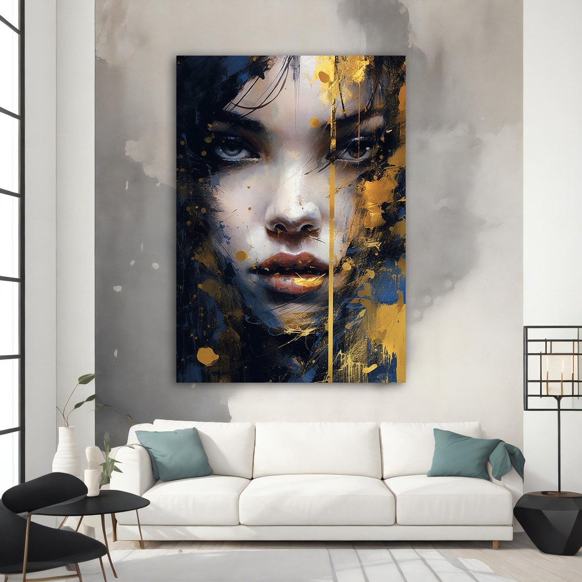 Golden and Navy Blue Woman Face Abstract Paint Splatter Poster - Image 2
