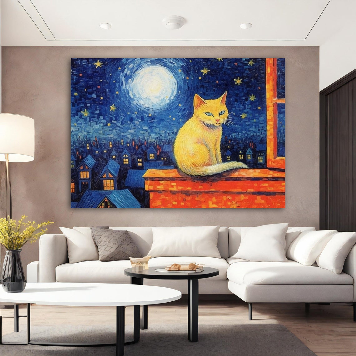 Golden Cat on Rooftop Under Full Moon Starry Night Village Poster - Image 3