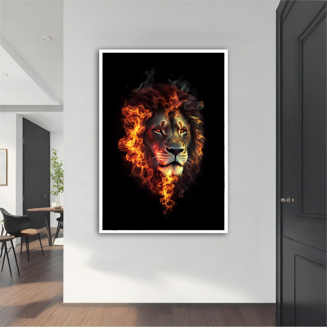 Burning Lion Flaming Mane Black Background Fiery Power Animal Art Poster - Image 4