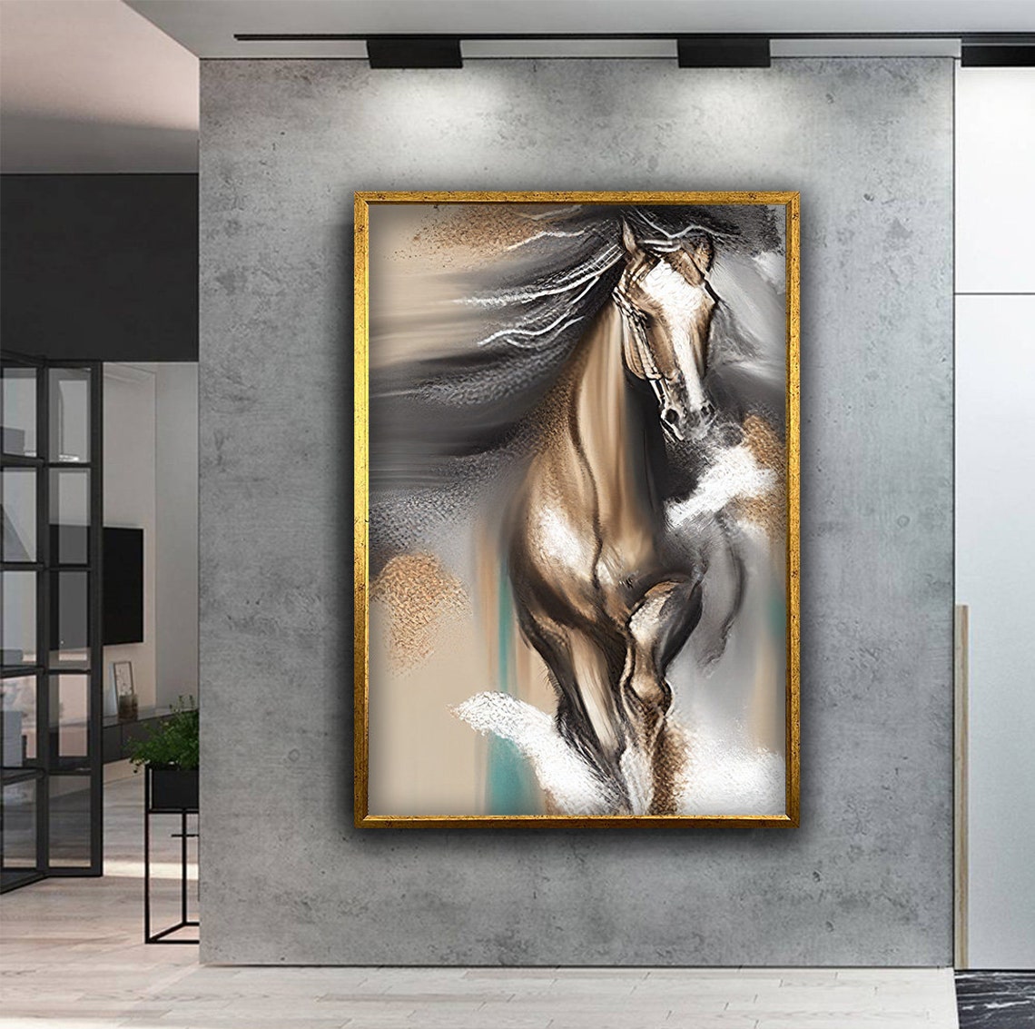Golden Running Horse Abstract Wild Mane Equine Wall Art Poster - Image 2