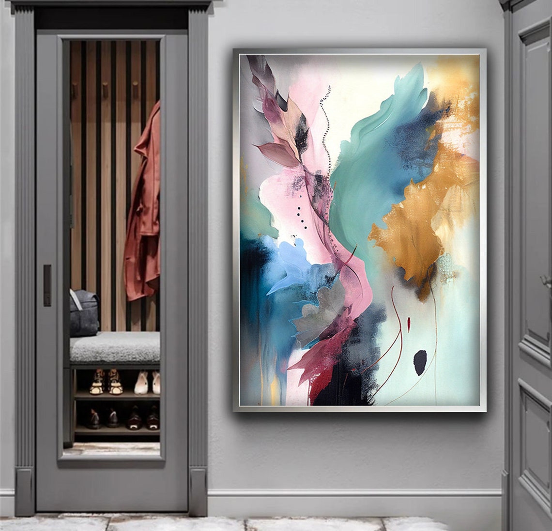 Colorful Abstract Leaves Watercolor Pink Teal Gold Wall Art Poster - Image 3