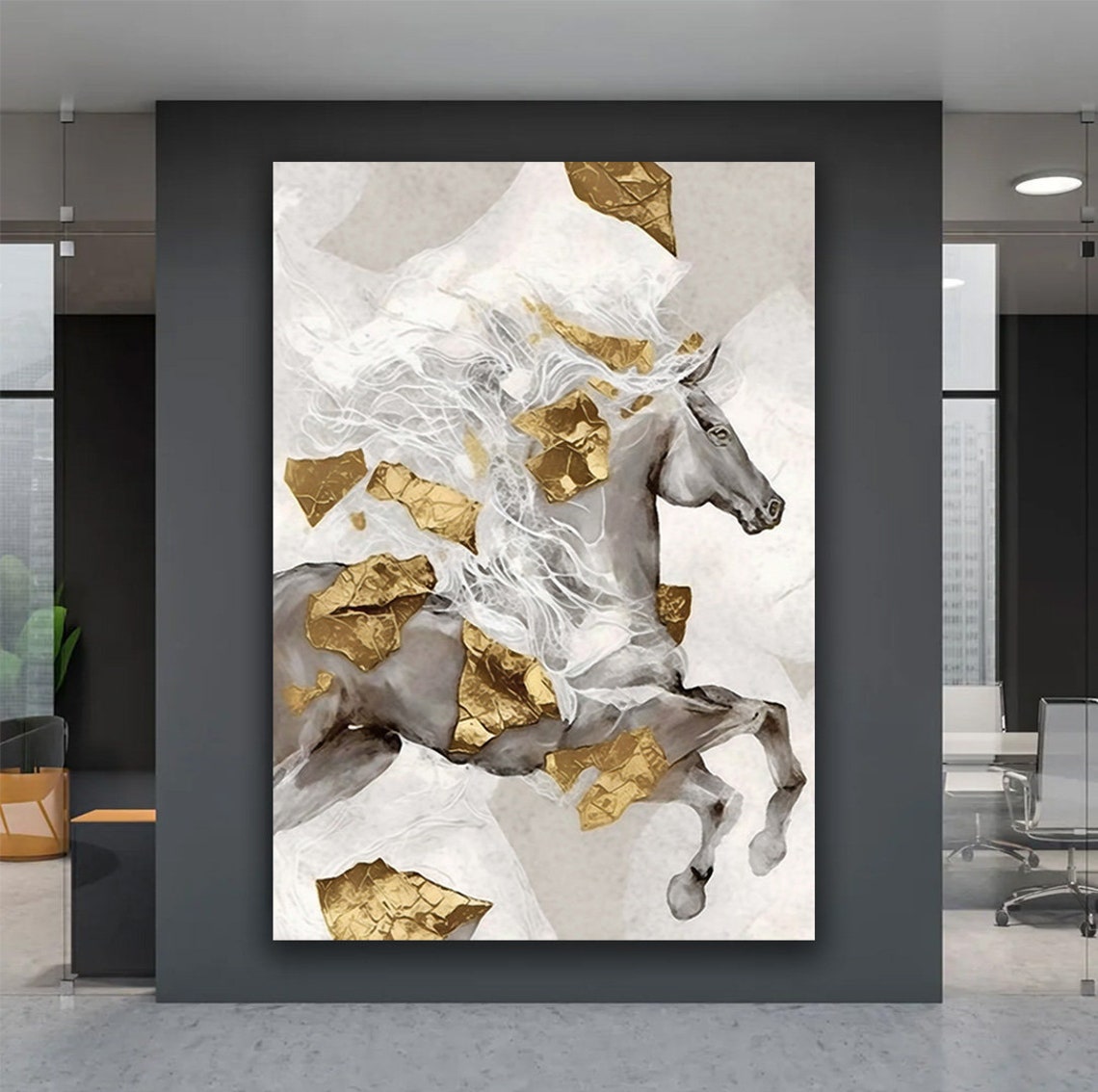 White Running Horse Gold Leaf Flowing Mane Equine Wall Art Poster - Image 5