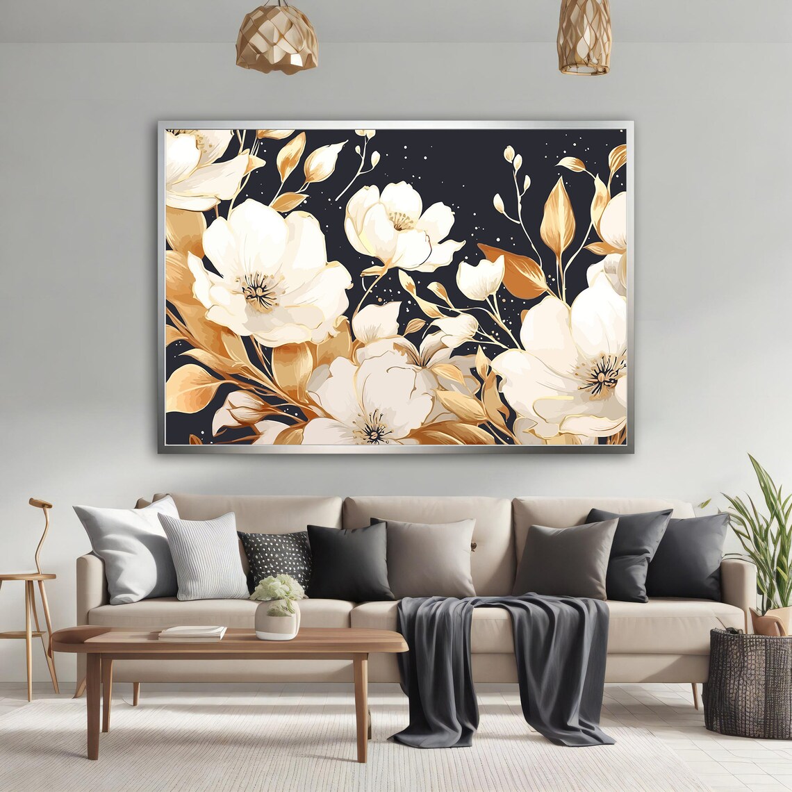 White Magnolia Blossoms Gold Leaves Dark Elegant Floral Poster - Image 4