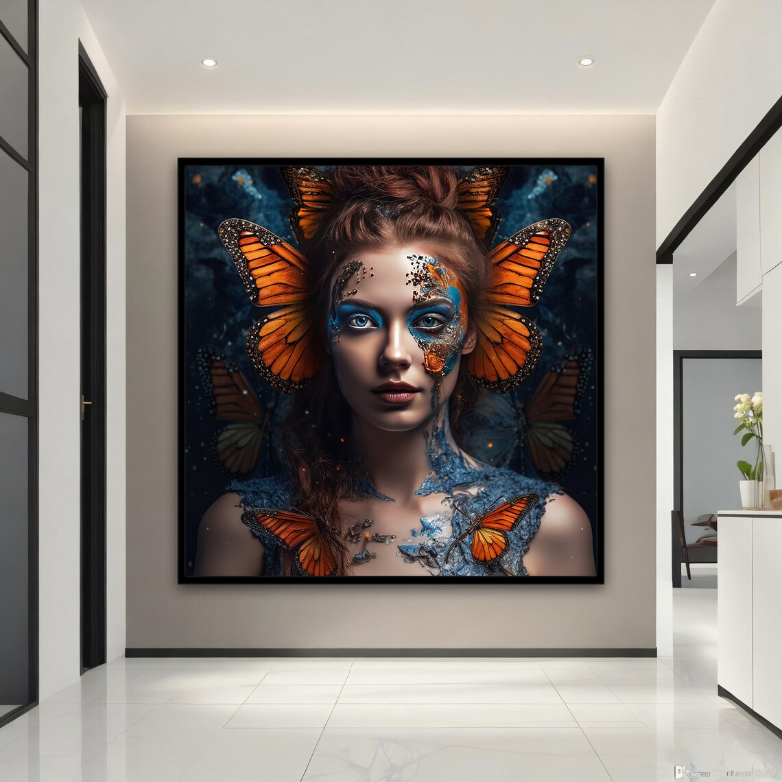 Butterfly Woman Monarch Wings Orange Blue Fantasy Portrait Art Poster