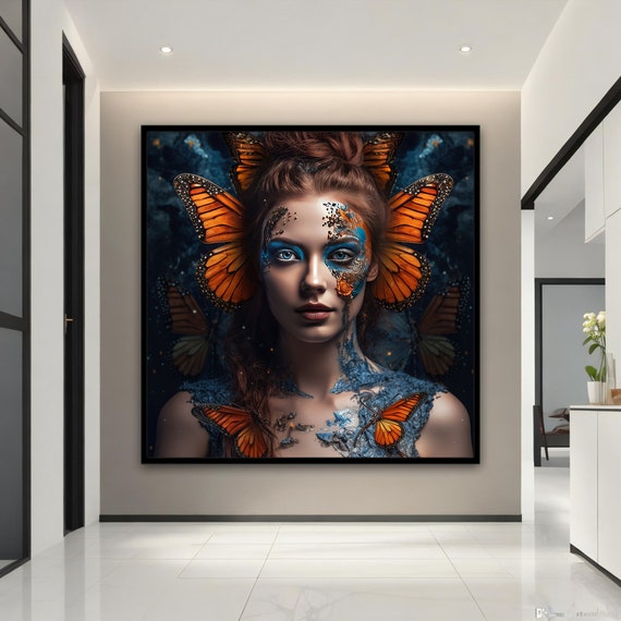 Butterfly Woman Painting Butterfly Art Orange And Blue Butterfly Girl Wall Decor Modern Home Decor