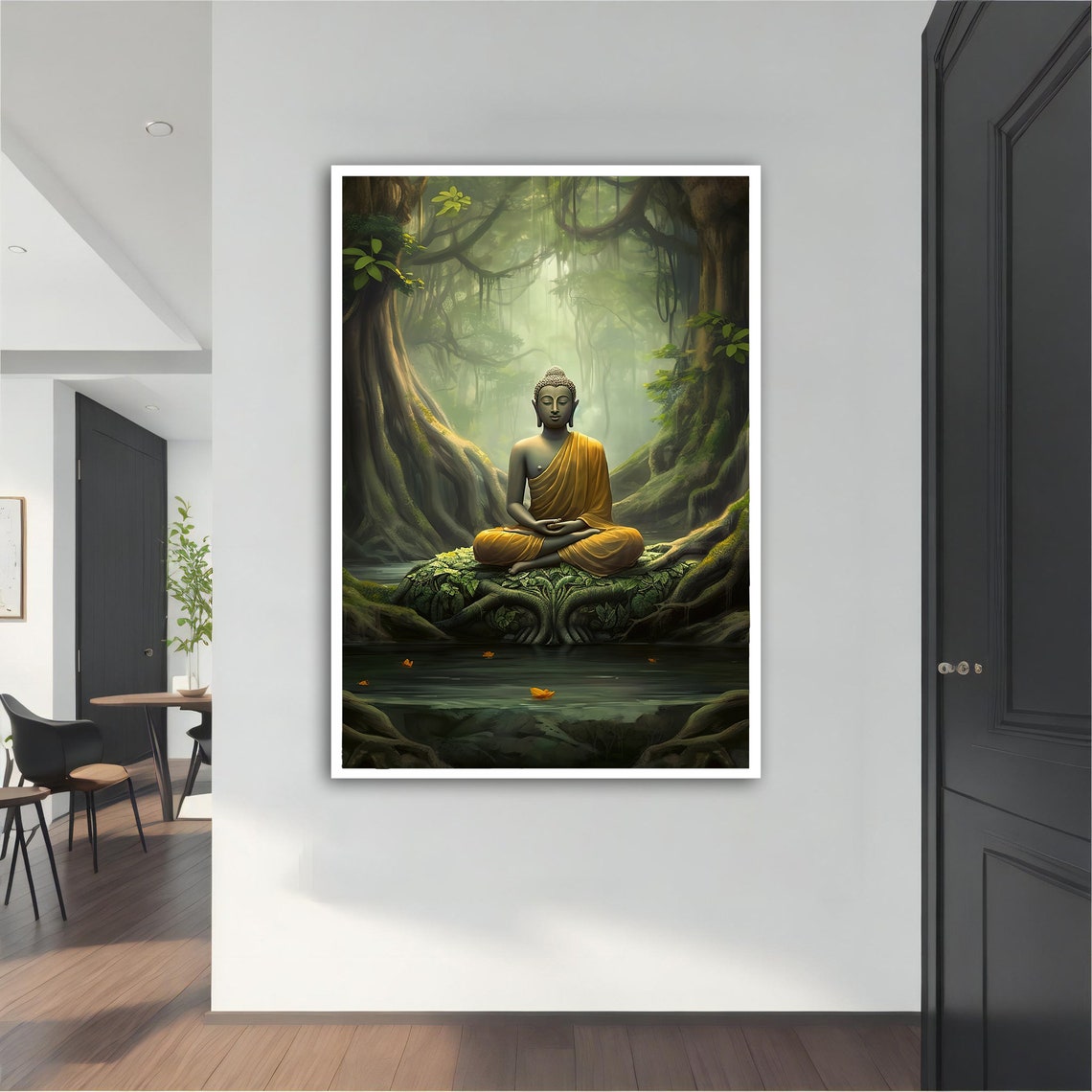 Golden Robe Buddha Meditating Jungle Temple Green Asian Art Poster