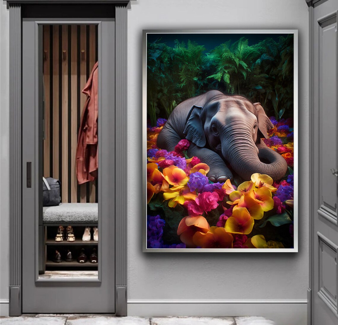Baby Elephant Among Colorful Flowers Jungle Botanical Nursery Art Poster - Image 3