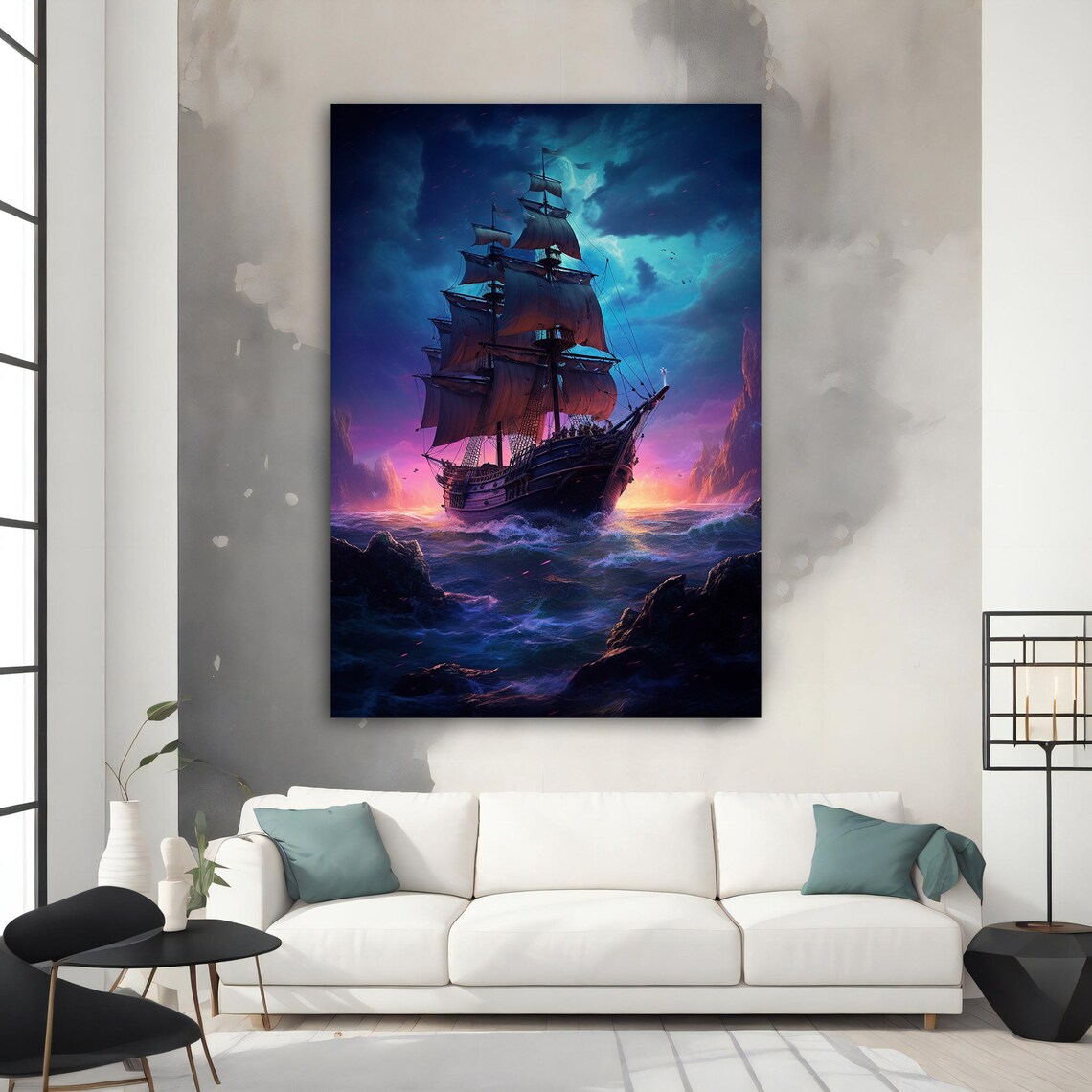 Fantasy Pirate Ship Sunset Epic Purple Sky Ocean Voyage Art Poster - Image 3