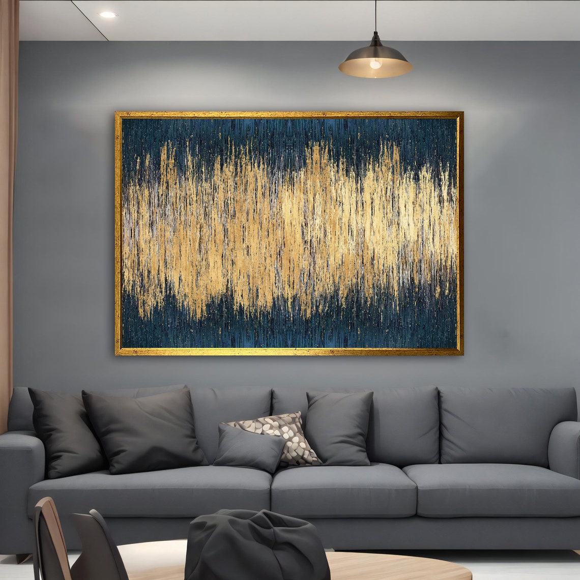 Gold Streak Abstract on Deep Navy Blue Shimmer Wall Art Poster