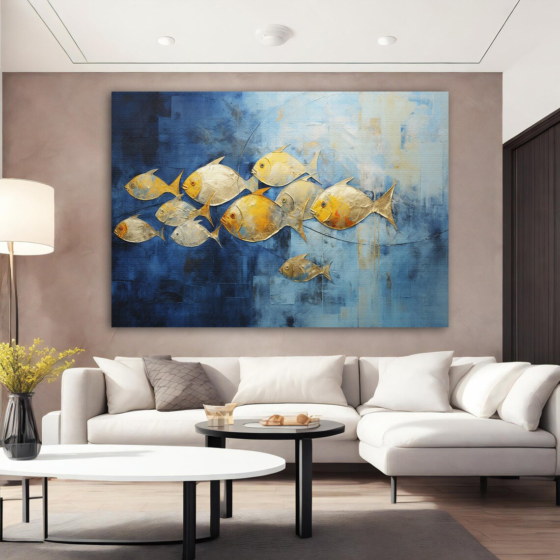 School of Golden Fish Swimming on Deep Blue Abstract Sea Art Poster