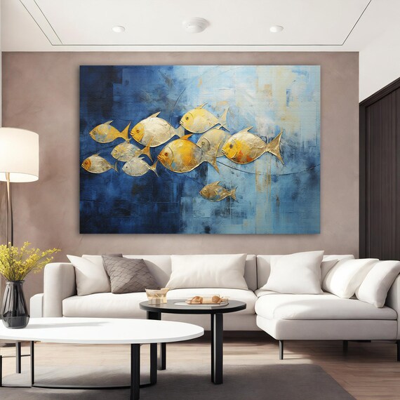 Gold Fish Painting Fish Poster Abstract Blue Sea Painting Fish Painting