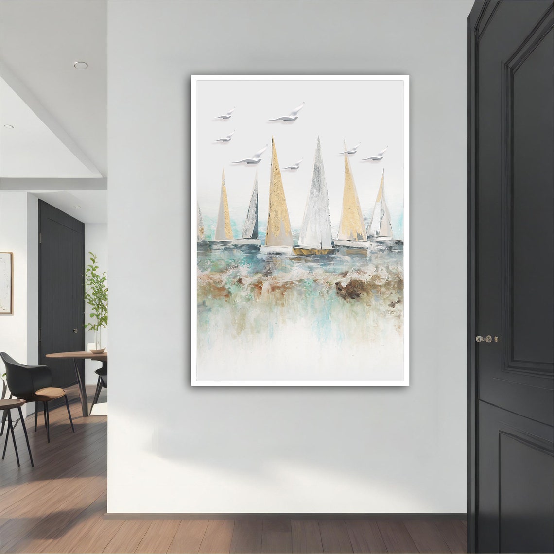 Minimalist Sailboats Gold Leaf Sails Seagulls Coastal Wall Art Print