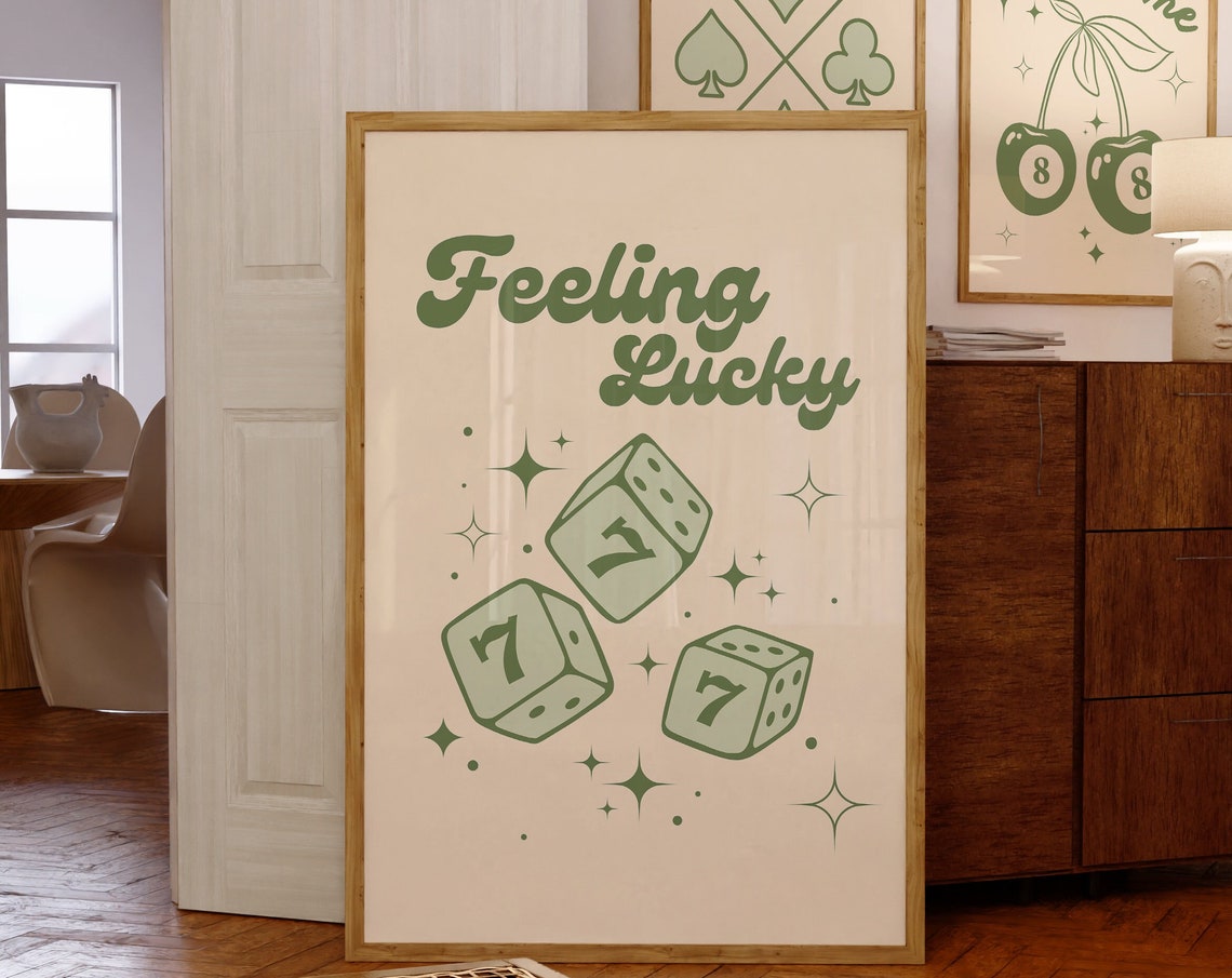 Feeling Lucky Retro Green 777 Dice Typography Trendy Wall Art