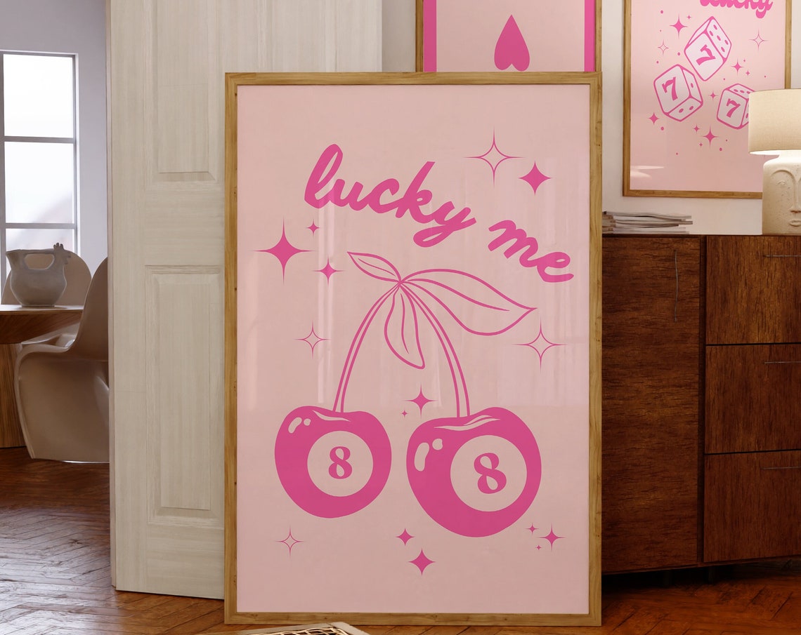 Lucky Me Pink Cherries 8 Ball Retro Pop Art Trendy Decor Poster