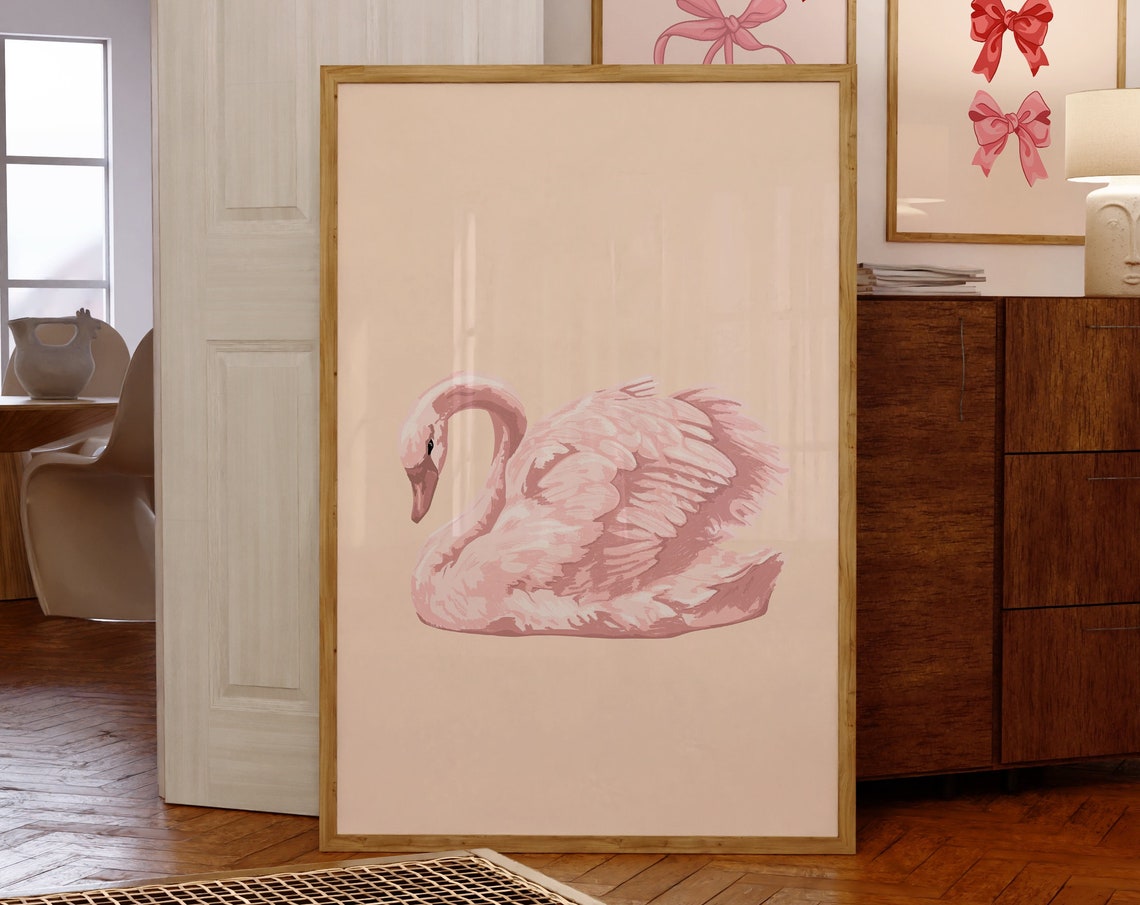 Graceful Pink Swan Floating Soft Watercolor Bird Illustration Poster
