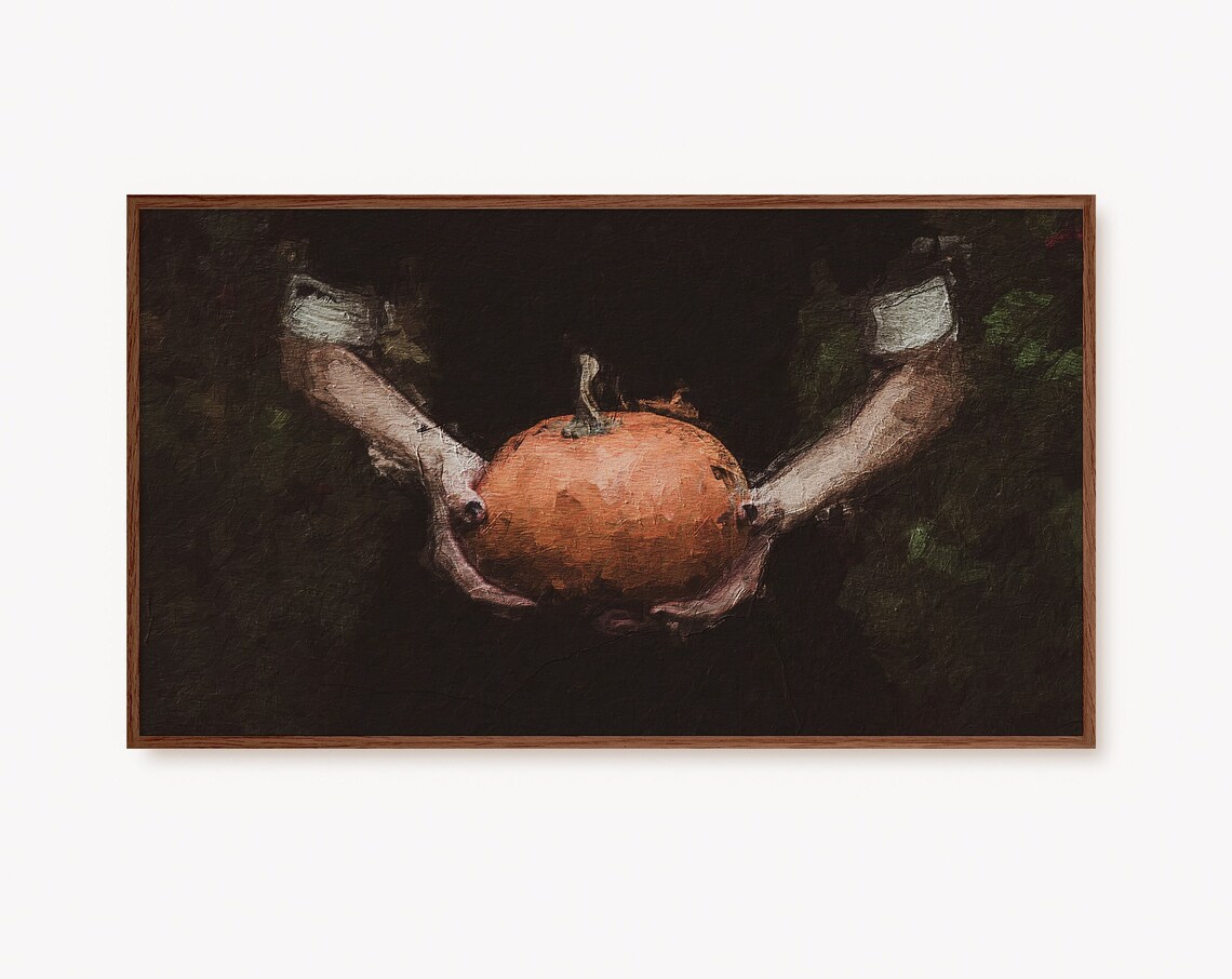 Dark Gothic Figure Holding Pumpkin Moody Halloween Oil Painting Poster