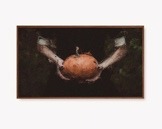 Dark Gothic Figure Holding Pumpkin Moody Halloween Oil Painting Poster