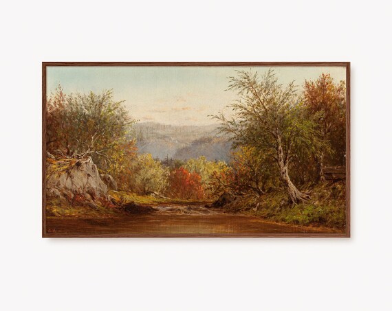 Golden Autumn River Valley Vintage Landscape Oil Painting Poster