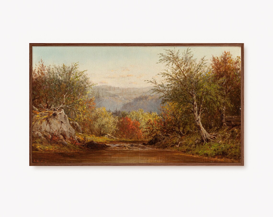 Golden Autumn River Valley Vintage Landscape Oil Painting Poster