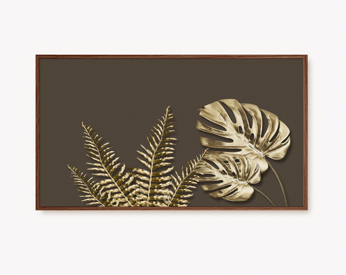 Gold Monstera and Fern Leaves Botanical Decor Poster on Dark Brown