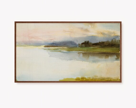 Soft Pastel Watercolor Coastal Lake Seascape Serene Painting Print