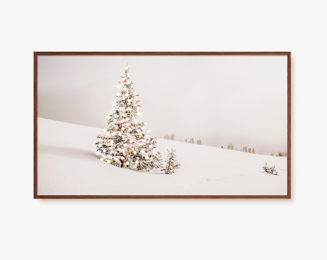Snowy Pine Tree with Lights, Rustic Winter Art Print