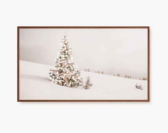 Snowy Pine Tree with Lights, Rustic Winter Art Print