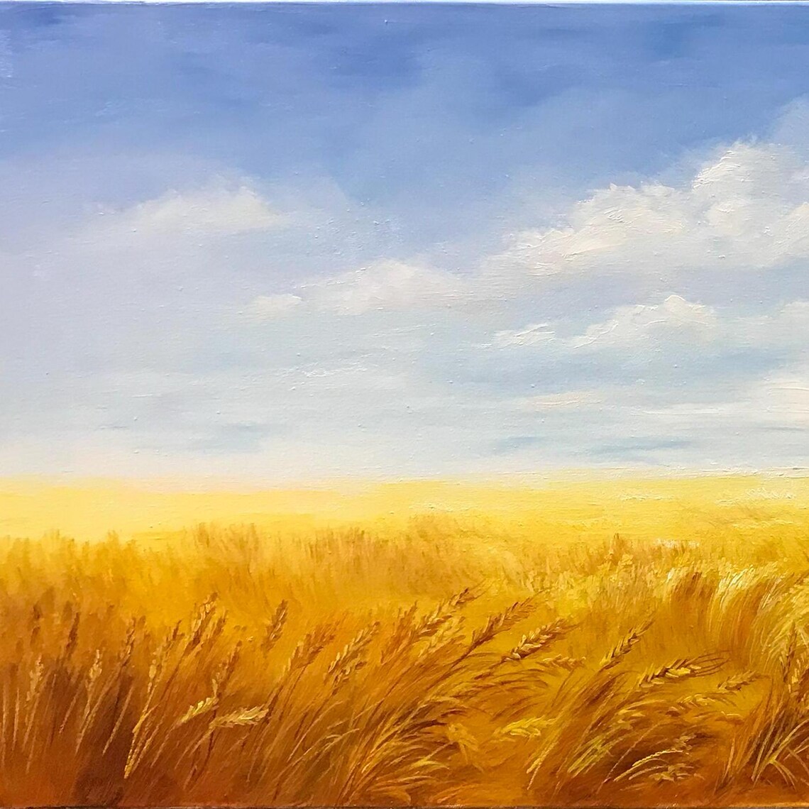Golden Ukrainian Wheat Field Under Blue Sky Landscape Painting - Image 3