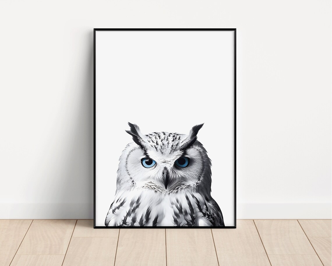 White Owl with Striking Blue Eyes Minimalist Wildlife Art Poster - Image 3