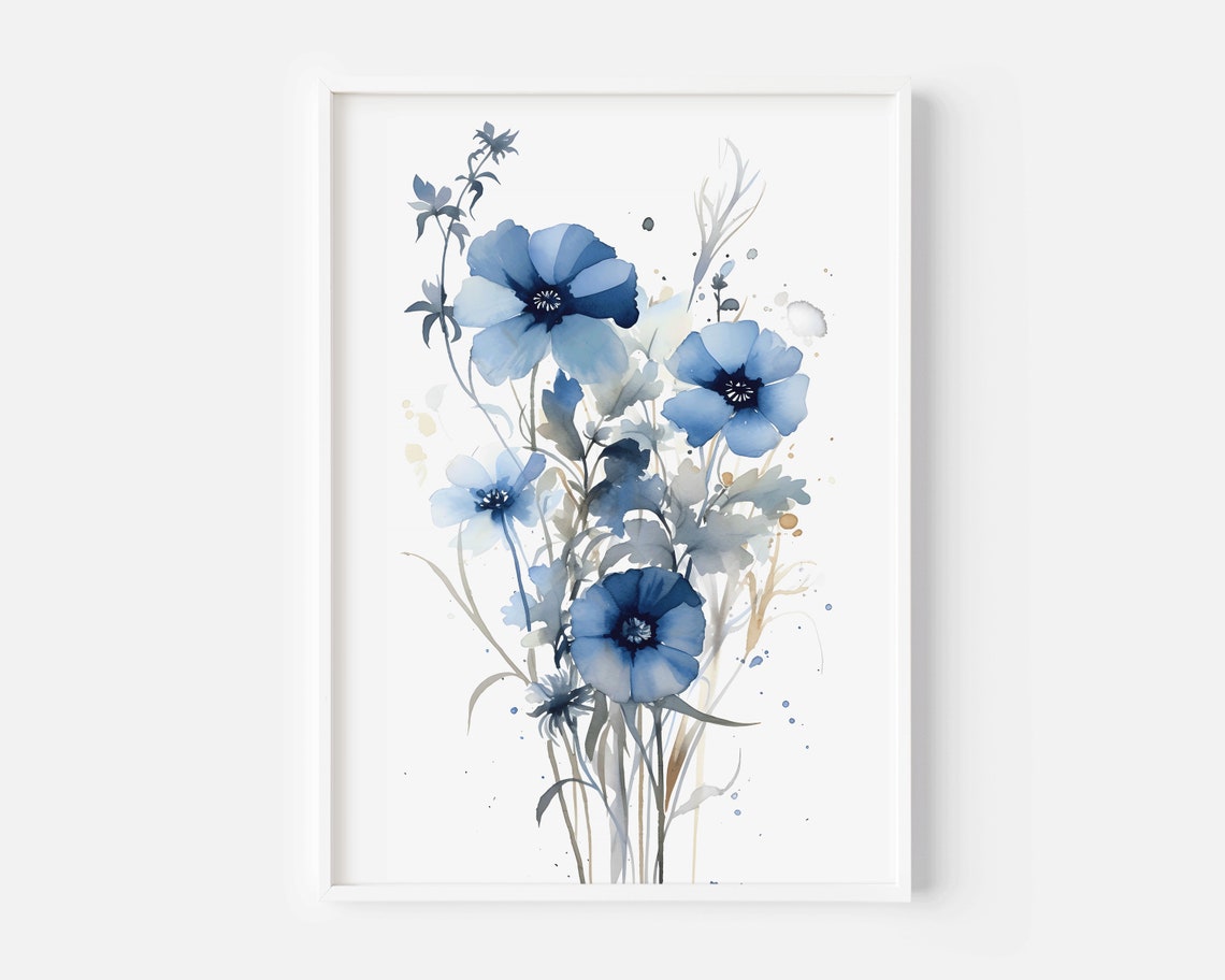 Blue Wildflowers Watercolor Bouquet Delicate Botanical Art Poster - Image 2